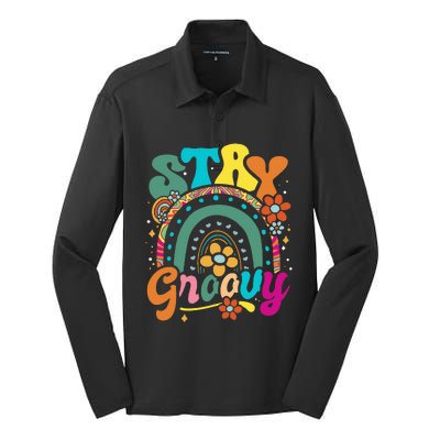 Retro Stay Groovy Cute Floral Rainbow Vintage Hippie 70's Silk Touch Performance Long Sleeve Polo