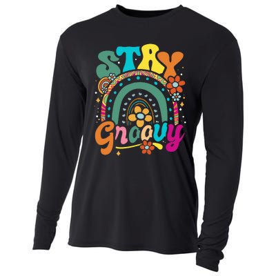 Retro Stay Groovy Cute Floral Rainbow Vintage Hippie 70's Cooling Performance Long Sleeve Crew