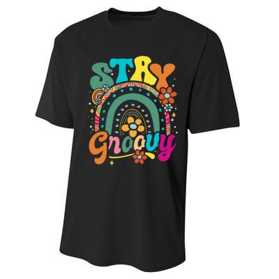 Retro Stay Groovy Cute Floral Rainbow Vintage Hippie 70's Performance Sprint T-Shirt