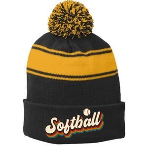 Retro Softball Graphic Softball Stripe Pom Pom Beanie