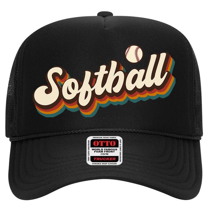 Retro Softball Graphic Softball High Crown Mesh Back Trucker Hat