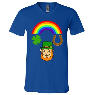 Rainbow Shamrock Horse Shoe Leprechaun St Patricks Gift V-Neck T-Shirt