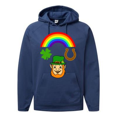 Rainbow Shamrock Horse Shoe Leprechaun St Patricks Gift Performance Fleece Hoodie