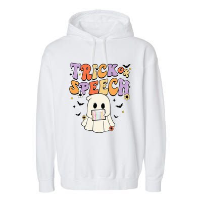 Retro SLP Halloween Cute Ghost Trick Or Speech Spooky Season  Garment-Dyed Fleece Hoodie