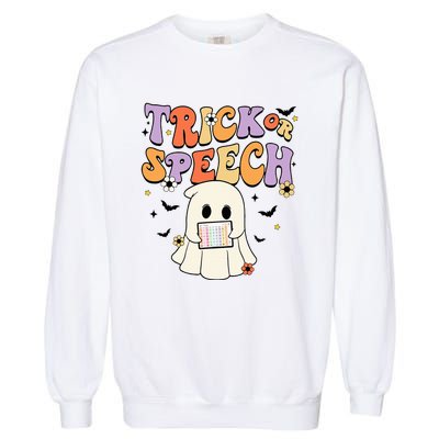 Retro SLP Halloween Cute Ghost Trick Or Speech Spooky Season  Garment-Dyed Sweatshirt