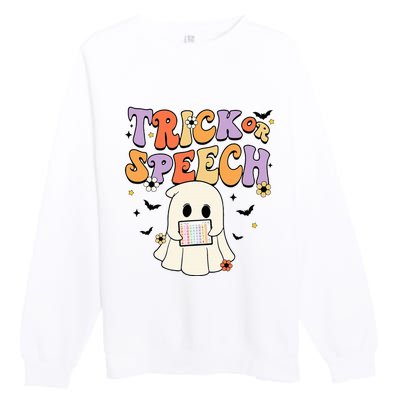 Retro SLP Halloween Cute Ghost Trick Or Speech Spooky Season  Premium Crewneck Sweatshirt