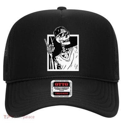 Rock Skeleton Hand Halloween Costume Funny Rocker Music High Crown Mesh Back Trucker Hat