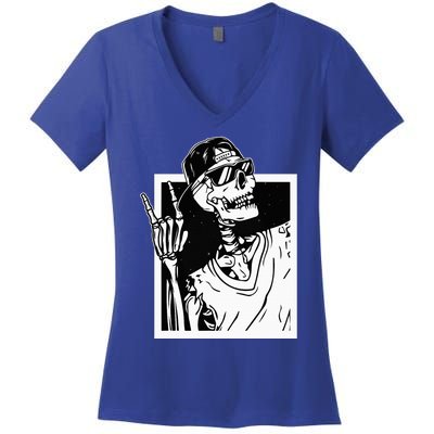 Rock Skeleton Hand Halloween Costume Funny Rocker Music Women's V-Neck T-Shirt