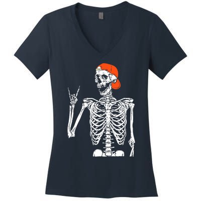 Rocker Skeleton Hand Rock On Costume Funny Halloween Gifts Women's V-Neck T-Shirt