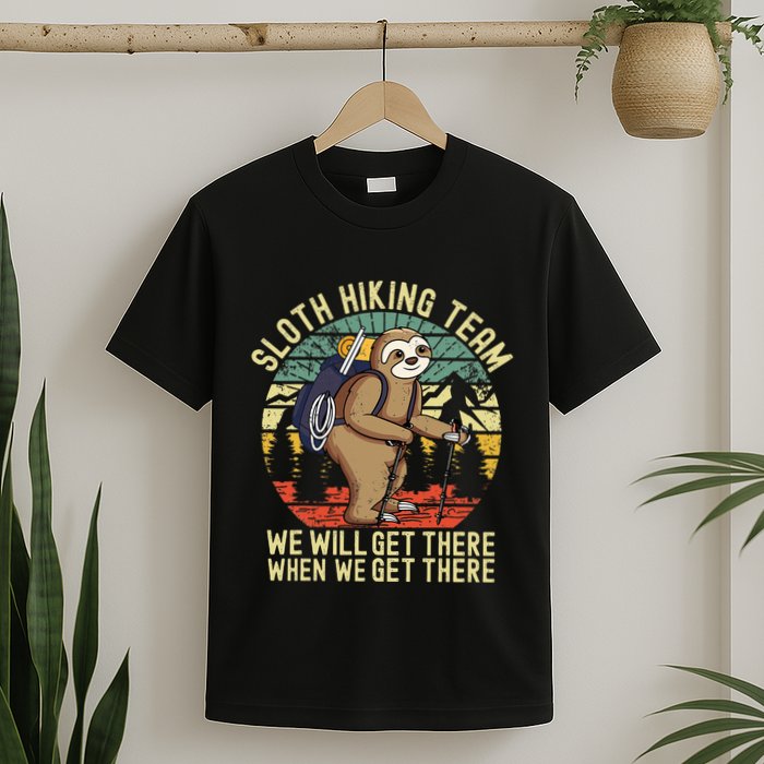 Retro sloth Hiking team we'll get there when we get there T-Shirt