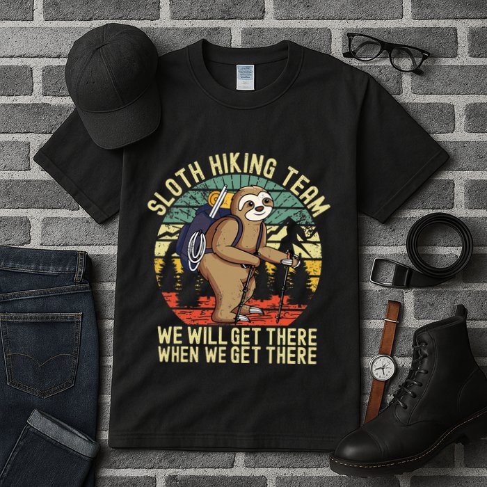 Retro sloth Hiking team we'll get there when we get there Tall T-Shirt