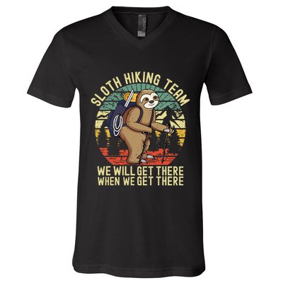 Retro sloth Hiking team we'll get there when we get there V-Neck T-Shirt
