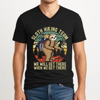 Retro sloth Hiking team we'll get there when we get there V-Neck T-Shirt