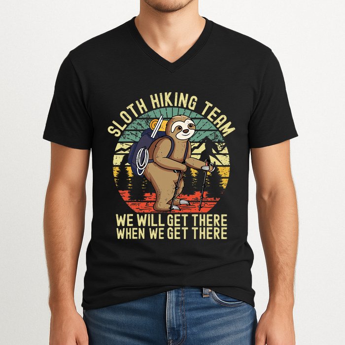 Retro sloth Hiking team we'll get there when we get there V-Neck T-Shirt