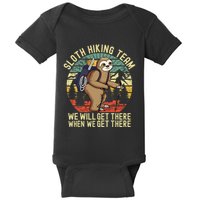 Retro sloth Hiking team we'll get there when we get there Baby Bodysuit