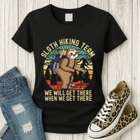 Retro sloth Hiking team we'll get there when we get there Womens T-Shirt