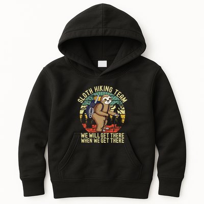Retro sloth Hiking team we'll get there when we get there Kids Hoodie