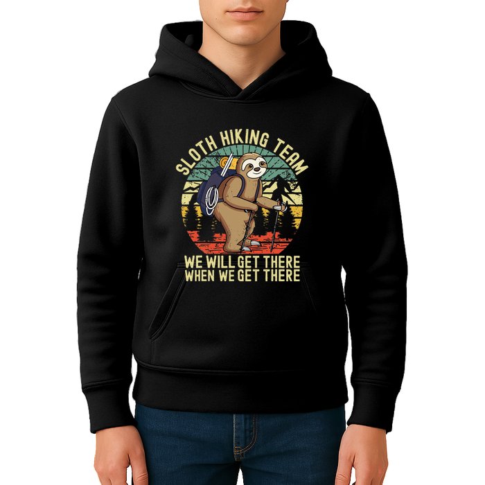 Retro sloth Hiking team we'll get there when we get there  Kids Hoodie