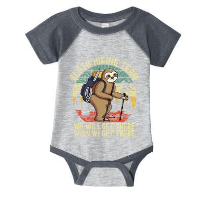 Retro sloth Hiking team we'll get there when we get there  Infant Baby Jersey Bodysuit