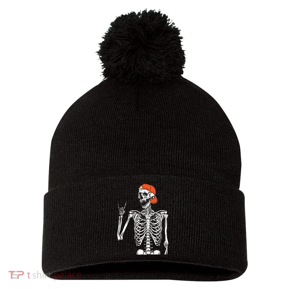 Rocker Skeleton Hand Rock On Costume Funny Halloween Gifts Pom Pom 12in Knit Beanie