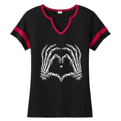 Retro Skeleton Hands Vintage Heart Sign Halloween Costume Funny Gift Ladies Halftime Notch Neck Tee