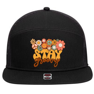 Retro Sunflower Hippie Stay Groovy Positive Mind Happy Life 7 Panel Mesh Trucker Snapback Hat