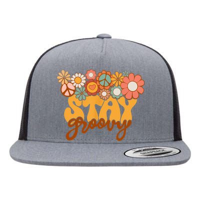 Retro Sunflower Hippie Stay Groovy Positive Mind Happy Life Flat Bill Trucker Hat