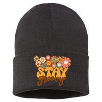 Retro Sunflower Hippie Stay Groovy Positive Mind Happy Life Sustainable Knit Beanie