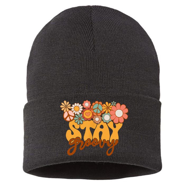 Retro Sunflower Hippie Stay Groovy Positive Mind Happy Life Sustainable Knit Beanie