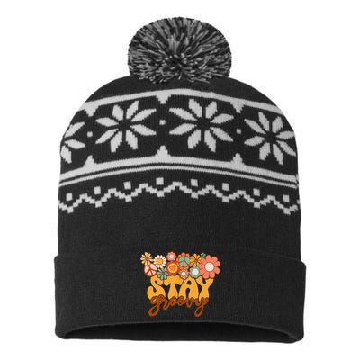 Retro Sunflower Hippie Stay Groovy Positive Mind Happy Life USA-Made Snowflake Beanie