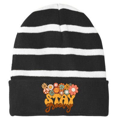 Retro Sunflower Hippie Stay Groovy Positive Mind Happy Life Striped Beanie with Solid Band