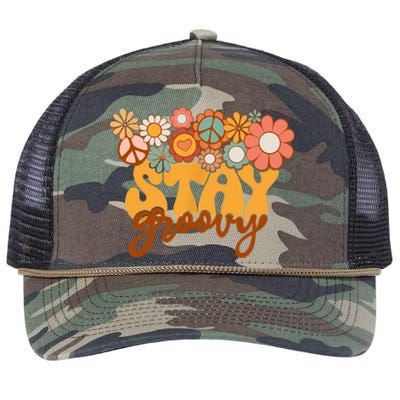 Retro Sunflower Hippie Stay Groovy Positive Mind Happy Life Retro Rope Trucker Hat Cap