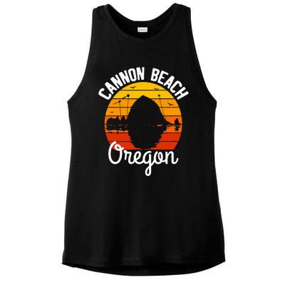 Retro Sunset Haystack Rock Souvenir Cannon Beach Ladies PosiCharge Tri-Blend Wicking Tank