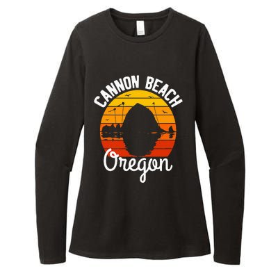 Retro Sunset Haystack Rock Souvenir Cannon Beach Womens CVC Long Sleeve Shirt