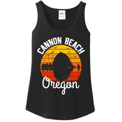 Retro Sunset Haystack Rock Souvenir Cannon Beach Ladies Essential Tank