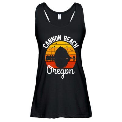 Retro Sunset Haystack Rock Souvenir Cannon Beach Ladies Essential Flowy Tank