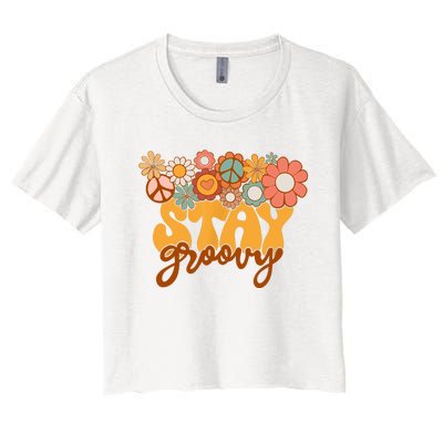 Retro Sunflower Hippie Stay Groovy Positive Mind Happy Life Women's Crop Top Tee