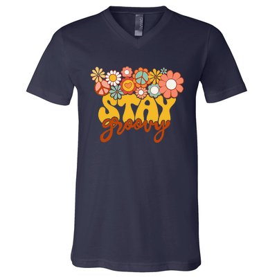 Retro Sunflower Hippie Stay Groovy Positive Mind Happy Life V-Neck T-Shirt