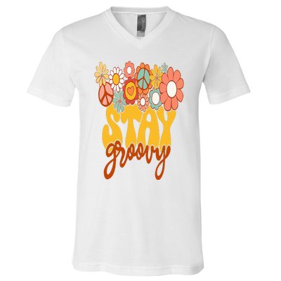 Retro Sunflower Hippie Stay Groovy Positive Mind Happy Life V-Neck T-Shirt