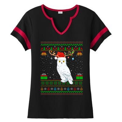 Reindeer Santa Hat Matching Ugly Snowy Owl Bird Christmas Funny Gift Ladies Halftime Notch Neck Tee