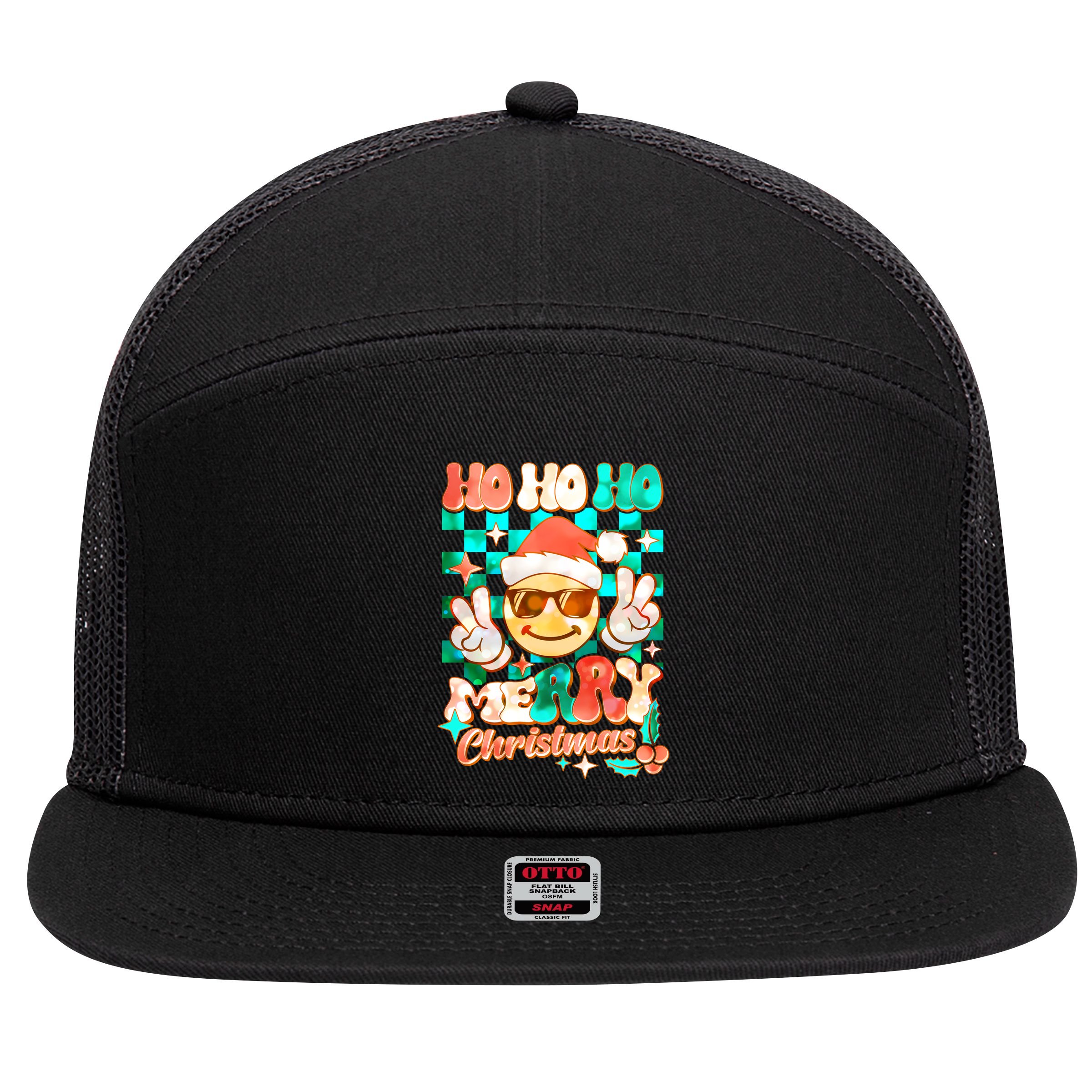 Retro Smiley Ho Ho Ho Merry Christmas 7 Panel Mesh Trucker Snapback Hat