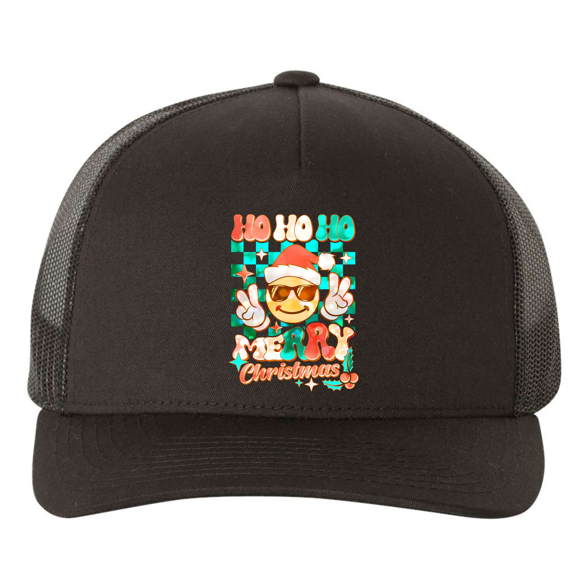 Retro Smiley Ho Ho Ho Merry Christmas Yupoong Adult 5-Panel Trucker Hat