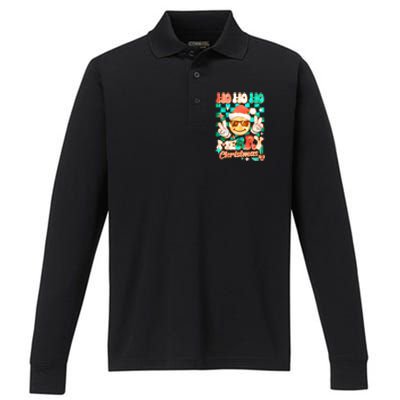 Retro Smiley Ho Ho Ho Merry Christmas Performance Long Sleeve Polo