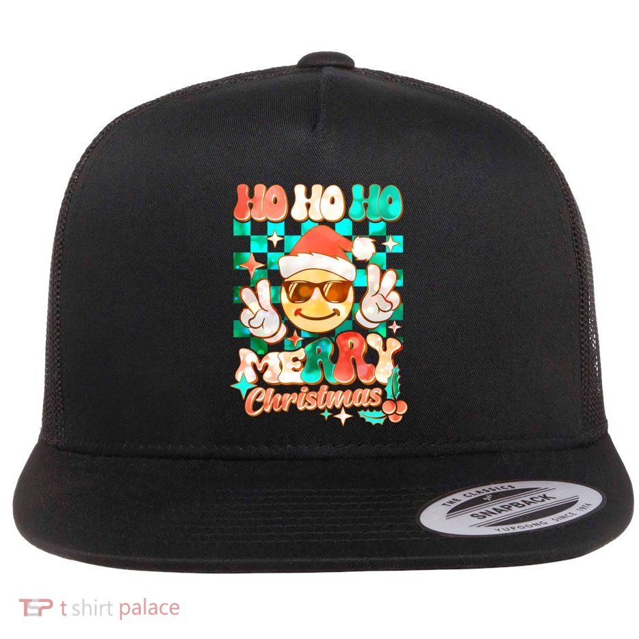 Retro Smiley Ho Ho Ho Merry Christmas Flat Bill Trucker Hat