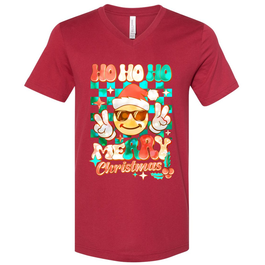 Retro Smiley Ho Ho Ho Merry Christmas V-Neck T-Shirt