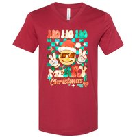 Retro Smiley Ho Ho Ho Merry Christmas V-Neck T-Shirt