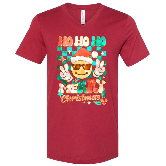 Retro Smiley Ho Ho Ho Merry Christmas V-Neck T-Shirt