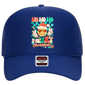 Retro Smiley Ho Ho Ho Merry Christmas High Crown Mesh Back Trucker Hat