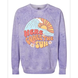 Retro Summer Here Comes The Sun Boho Groovy Gift Funny Gift Colorblast Crewneck Sweatshirt