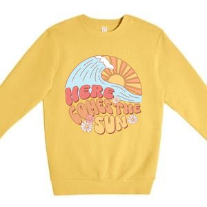 Retro Summer Here Comes The Sun Boho Groovy Gift Funny Gift Premium Crewneck Sweatshirt